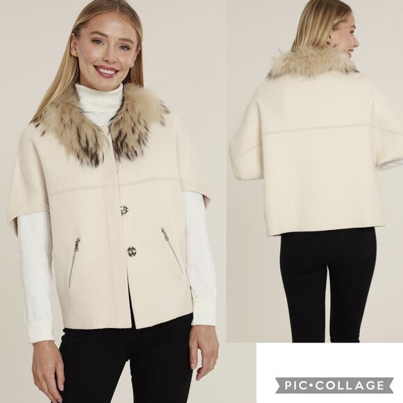Dolce Cabo Sweaters - Dolce Cabo Cream Cape with Faux Fur Trim